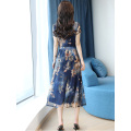 Chiffon Plus Size Women belt Short Sleeve O-neck Tea-length A-line Floral Print Dark Blue Purple Hpliday Cocktail Dresses 9755