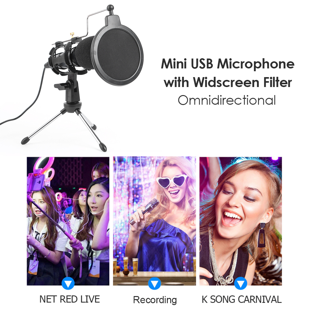 USB Condenser Desk Microphone with Shock Mount Windscreen Mini Tripod Recording Gaming Mic for PS4 Computer Desktop Laptop PC