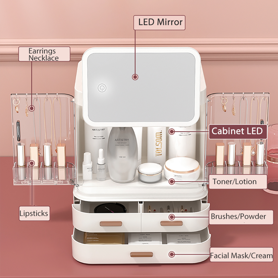 LED Light Makeup Mirror Cosmetic Storage Jewelry Container Lipstick Showcase Drawer Skin Care Products Cabinet Organizer