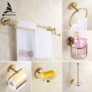 Bathroom Accessories Bath Hardware Set Golden Color Toilet Paper Holder Towel Rack Tissue Holder Cup Holder Robe Hook HJ-1300K