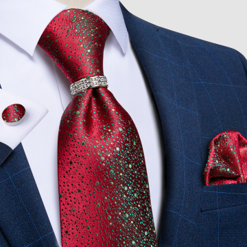 Red Green Print Silk Ties Luxury 8cm Classic Business Wedding Party Necktie Handkerchief Tie Ring Set Mens Gift Neckwear DiBanGu