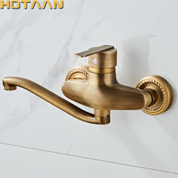 Free Shipping Antique Brass Kitchen Sink Mixer Tap Luxuy Dual Hole Wall Mounted Vintage Copper Faucet
