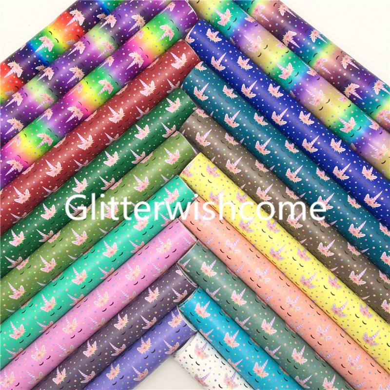 Glitterwishcome 21X29CM A4 Size Vinyl For Bows Unicorn Printed Synthetic Leather Fabric Faux Leather Sheets for Bows, GM892A