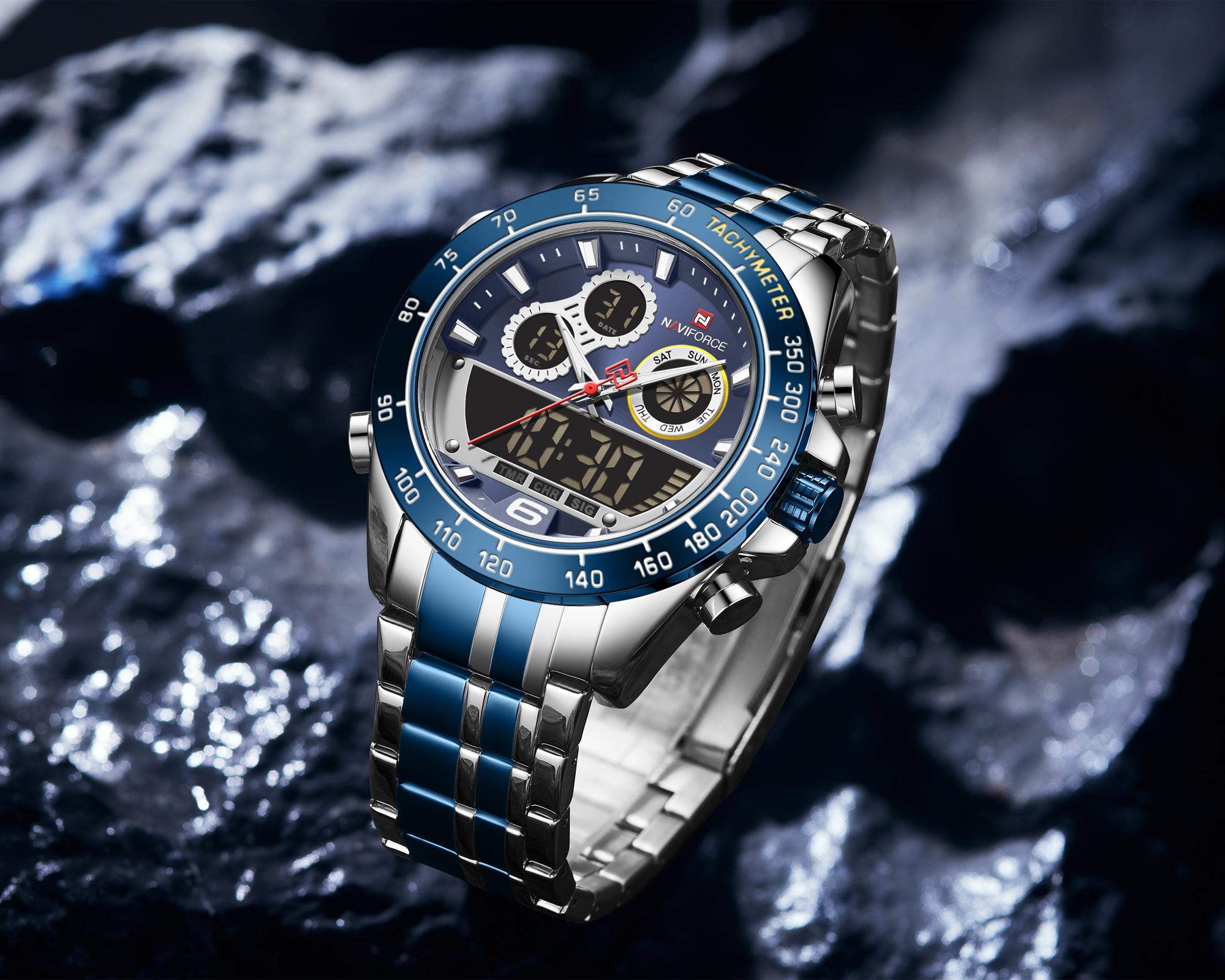 NAVIFORCE Men Watch Chronograph Sport Clock Dual Display Quartz Analog Digital 3ATM Waterproof Wristwatch Black 46mm New 2020