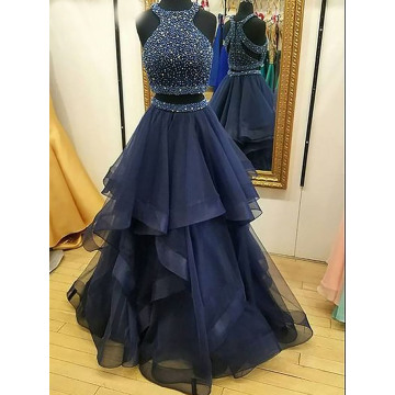 Two Pieces Navy Blue Prom Dresses Beading Crystal 8 Grade Graduation Party Dress Ruffles Tulle Long Prom Gown