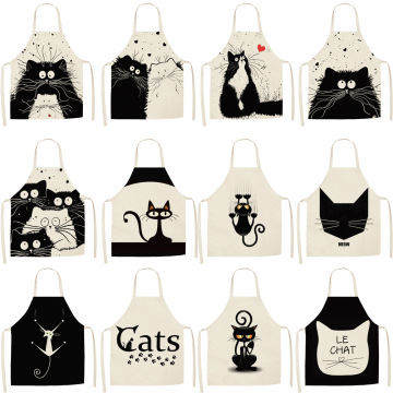 Cartoon Funny Black White Cat Printed Kitchen Aprons for Women Cotton Linen Home Cooking Baking Waist Bib Pinafore Cleaning Tool
