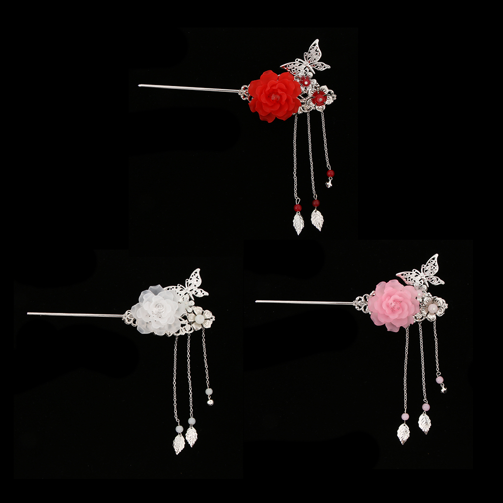 Ancient Chinese Japanese Styled Floral Hair Stick Hairpin Tassel Kanzashi Chignon Headpiece for Geisha Kimono Fancy Dress