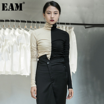 [EAM] Women Black Contrast Color Temperament T-shirt New Turtleneck Long Sleeve Fashion Tide Spring Autumn 2021 1DA914