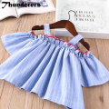 Girls blouse shirt summer off shoulder striped linen tops blue/ white slash shirts outfit with button for baby girl
