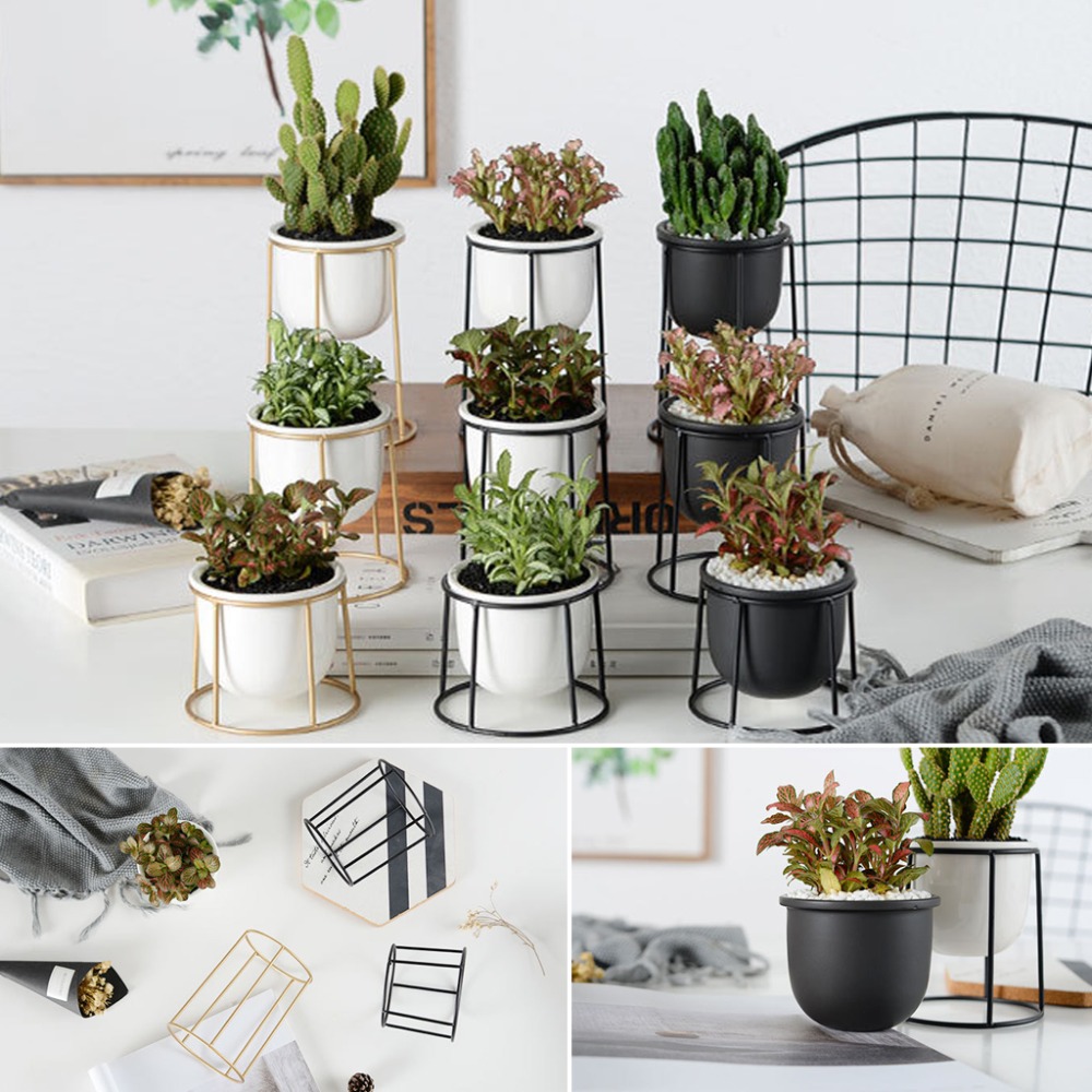 OOTDTY Nordic Classic Ceramic Flower Pot Planter And Geometric Round Iron Rack Stand Anti-rust Holder Display Home Decoration