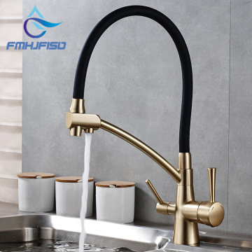 Dual Handle Copper Brushed Chrome Kitchen Faucet Double Spout Pure Water Faucet Vessel Sink Mixer Tap Deck Mounted