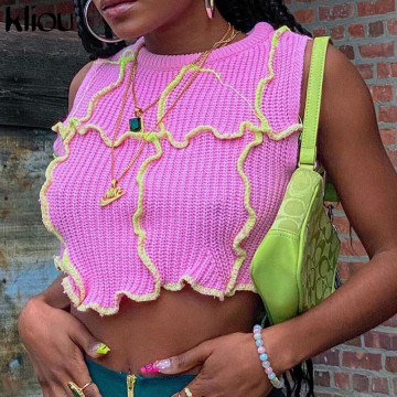 Kliou women striped sleeveless o-neck sporty tank tops knitting simple streetwear lace short elastic streetwear fashion outfits