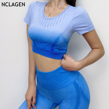 Yoga Set Ombre 2 Piece Women Seamless Sport Suit Workout Gym Sportswear Fitness Clothes Leggings And Top Zumba Tracksuit NCLAGEN
