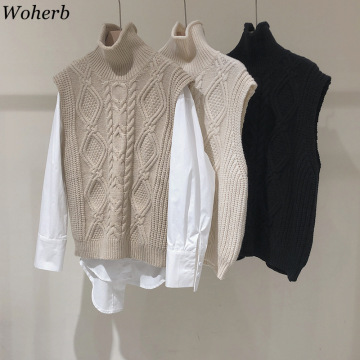 Woherb Sleeveless Tuitleneck Sweater Vest Women Knit Ribbed Short Pullover Tops Autumn Winter Clothes Loose Knitwear Tank 4G443