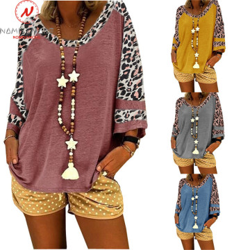 Fashion Women Spring Autumn Casual Loose T-Shirts Color Matching Design O-Neck Long Sleeve Leopard Print Pullovers Top