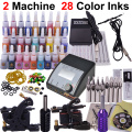 Professional Tattoo Kit 2pcs Machine Guns Shader Liner Power Supply Needles 28 Colors Ink Tip Tattoo Set