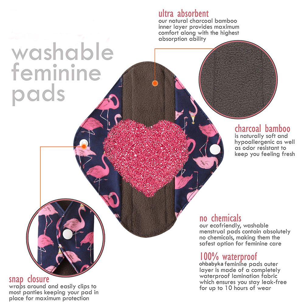 Ohbabyka 7PCS/Set Reusable Menstrual Pads Charcoal Sanitary Cloth Pad Cotton Washable Mama Panty Liner Pads Health Femine Pad