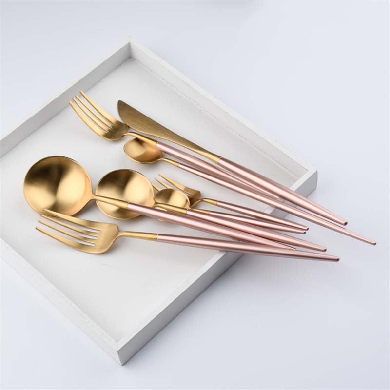 JANKNG 1-Piece Pink Golden Tableware Cutlery Set Dinner Knife TeaSpoon Fork Set 304 Stainless Steel Western Gold Dinnerware Set