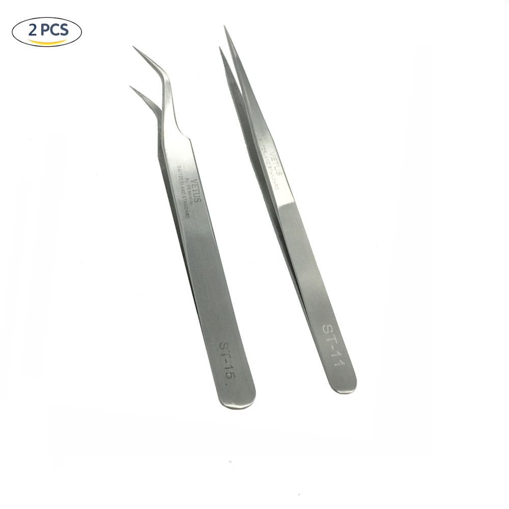 New high quality 2pcs/Set ST-11 + ST-15 Stainless Steel Precision Tweezers Set Eyelash Extensions