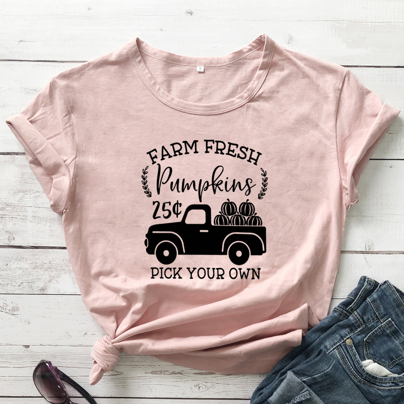 Women Thanksgiving Fall Top Tee Vintage Pumpkin Truck Harvest Holiday Tshirt Farm Fresh Pumpkins Pick Your Own T-shirt