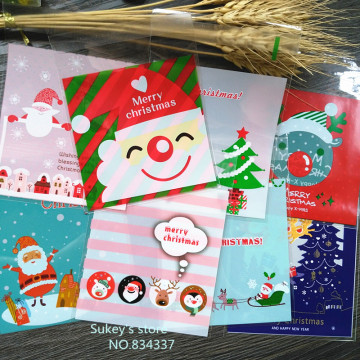 100pcs Mix Designs Merry Christmas Cookie Candy Gift Party Plastic Packaging Self adhesive Bags Xmas Decorations for Home 10X10