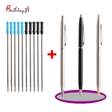 1+10/Set 1PCS Ball Pen With 10PCS Pen Refills Rotating Metal Ballpoint Pens Stationery For Office & School Supplies Ink Blue 0.7