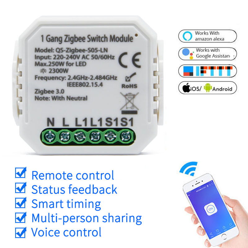 1pcs Tuya Smart Home Product Smart Switch Module Zigbee-S05-LN Zero Fire Version On-Off Device Work With Alexa Google Home