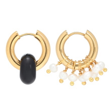 Parisian label Timeless Pearly delicate bauble vintage trinkets black stone ring women Baroque fresh water pearl hoop earrings