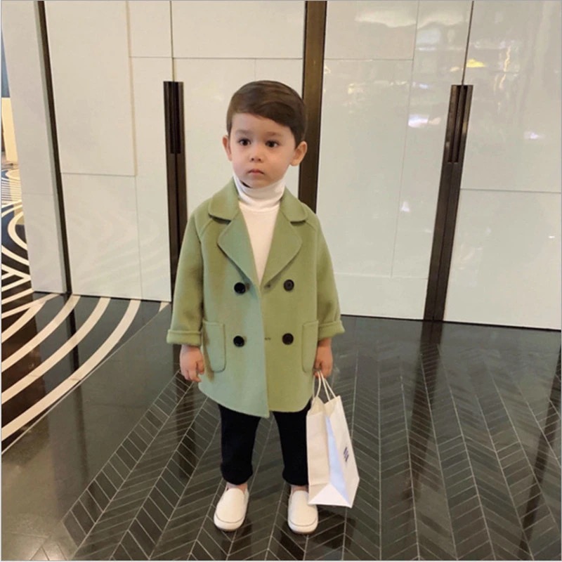 Baby Boy Girls Woolen Jacket Long Double Breasted Warm Infant Toddle Lapel Tweed Coat Spring Autumn Winter Baby Outwear Clothes