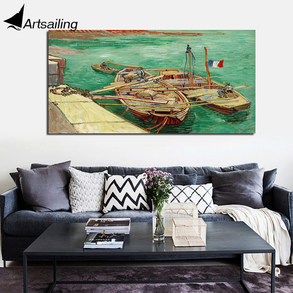 Quay with Men Unloading Sand Barges 1 panel Canvas Print Pictures Wall Art Framework Painting Poster Modular Home Decor