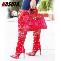 NASULA Women's High Heel Paisley Long Boots Solid Color Bandage Pointed Ladies Boots Ove Knee High Heels Shoes Paisley Bag