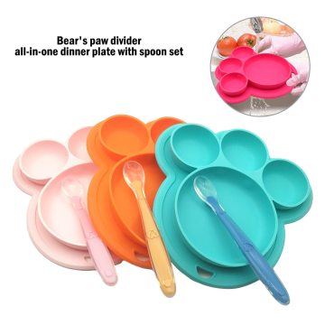 Baby Silicone Dish, BPA Free Feeding Plates, Babies Suction Cup Training Tableware, Cute Cartoon Bear Colorful Kids Plates