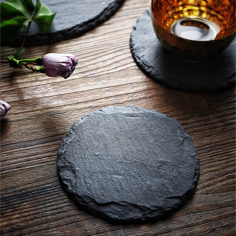 10/15/20CM New Slate Stone Coasters Round Black Natural Edge Stone Drink Coaster Pad Serving Plate for Bar and Home Decor