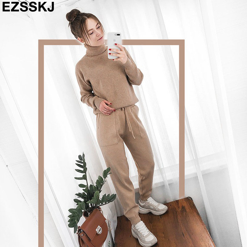 2020 2 Pieces Set Women Knitted Tracksuit Turtleneck Sweater + Carrot Jogging Pants Pullover Sweater Set CHIC Knitted Outwear