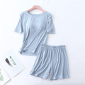 Casual Summer Half-sleeve T-shirt + Shorts Pajamas Set Women's Bra Padded Home Wear Clothing New Pyjamas Women Sleepwear Suit