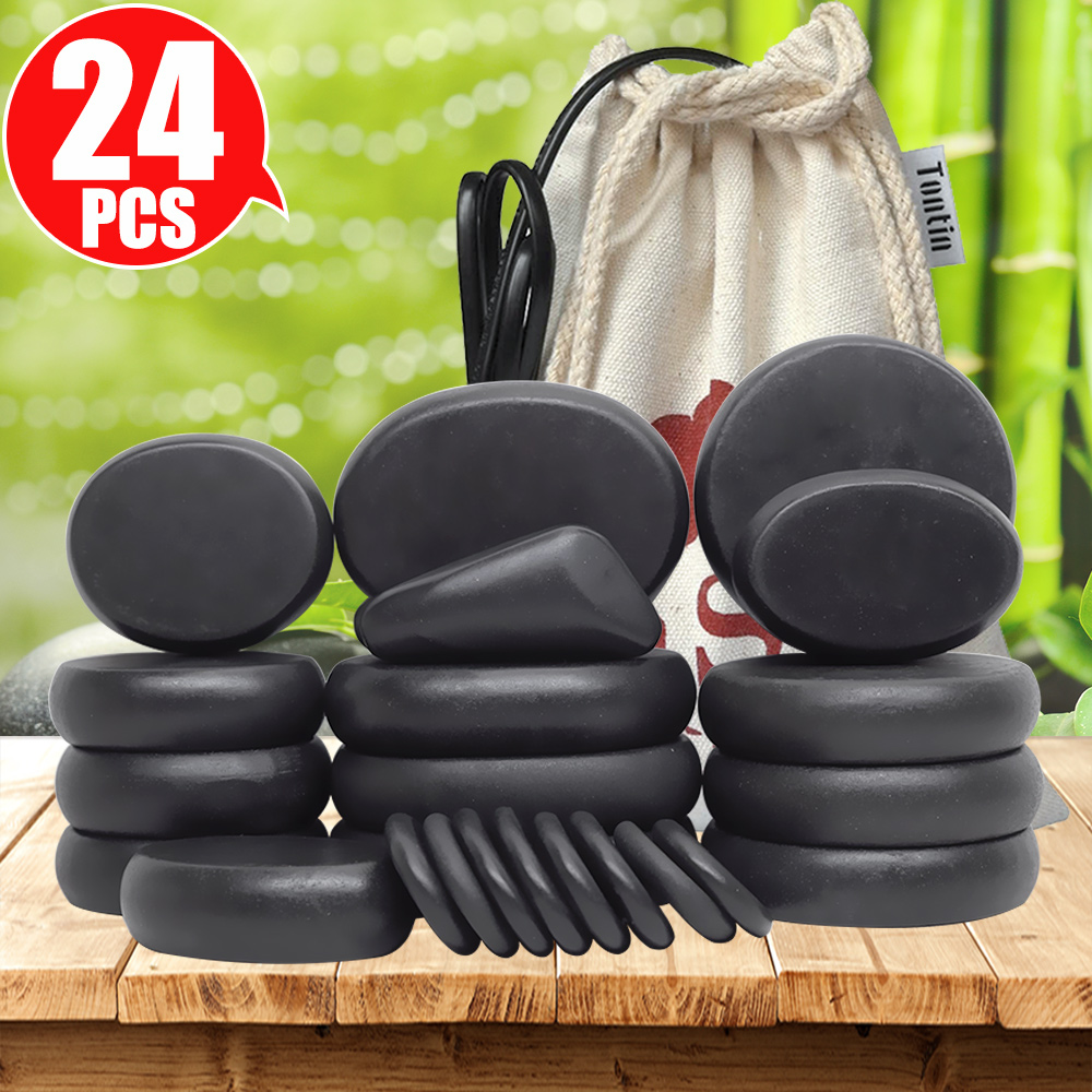 24pcs/set Hot Stone Massage Set Heater Relieve Stress Back Pain Health Care Acupressure Lava Basalt Stones for Healthcare