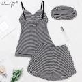 Women Stripe Sleepwear 3 Pieces Pyjamas Sets Sexy Sleeveless Cami+Shorts+ Eyes Masks Pajamas Set Sleep Lounge Pijama Pajama Suit