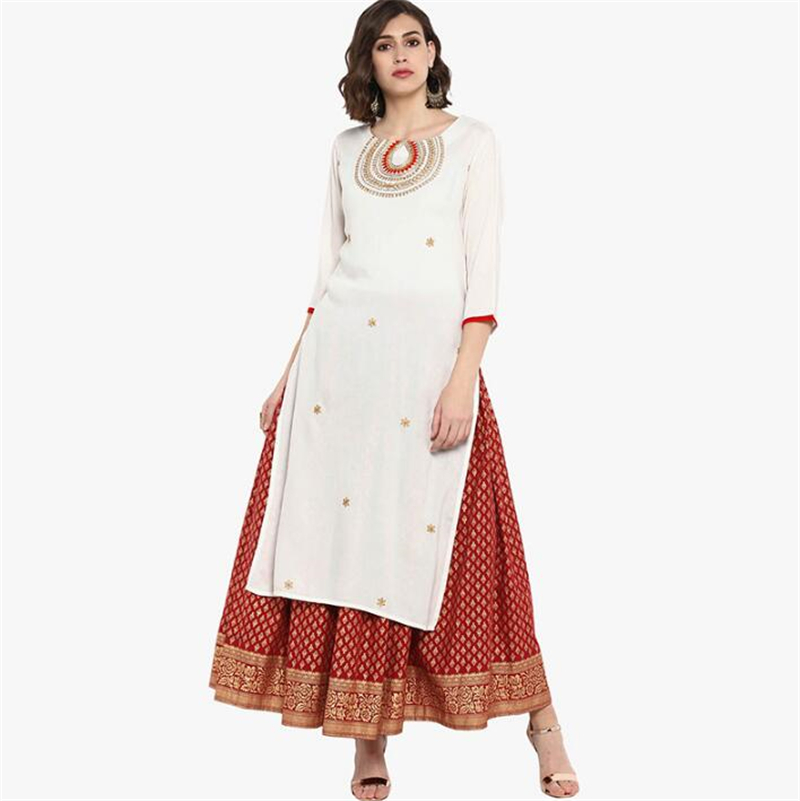 New India Fashion Woman Ethnic Styles Print Sets Kurtas Cotton Dress Three Quarter Sleeve Costume Elegent Lady Long Top Skirt