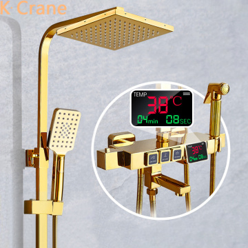 Gold Digital Shower Set Bathroom Smart Thermostatic Shower System Wall Mount Square Spray Bath Faucet SPA Rainfall LED Torneiras