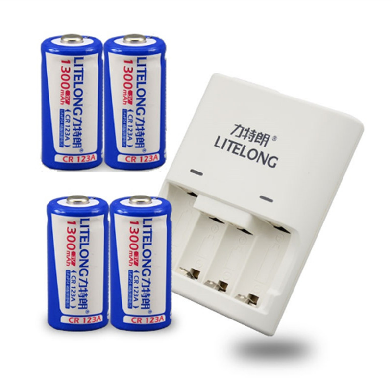 4pcs 3V 1300mAh CR123A 123A CR123 16340 rechargeable lithium battery Li-ion battery+ 1pcs CR123A / CR2 universal charger