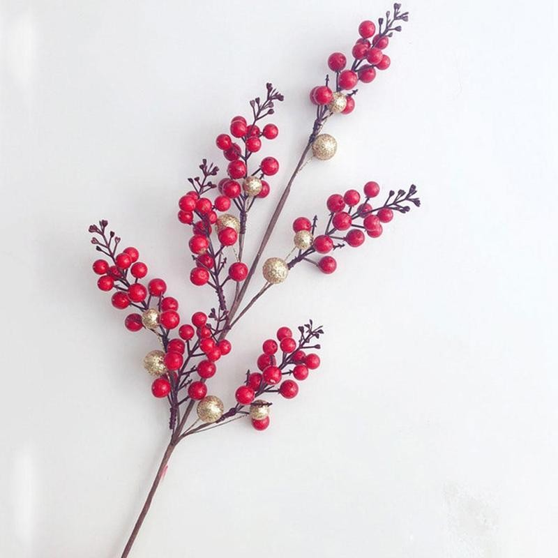 Artificial Christmas Berry Fake Red Holly Berry Xmas Decoration Pine Tree Branches Dried Flowers Artificial Christmas Berry