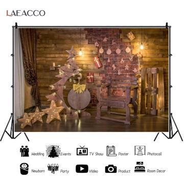 Laeacco Christmas Tree Wood Board Brick Wall Photo Backdrop Star Light Curtain Chair Photography Backgrounds For Photo Studio