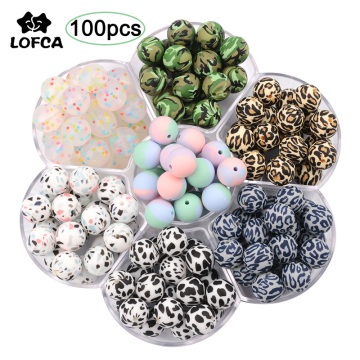LOFCA 100pcs Leopard Print 12/15/19mm Silicone Beads Baby Teether Teathing Beads Tie-dye DIY Chewable Confetti Teething