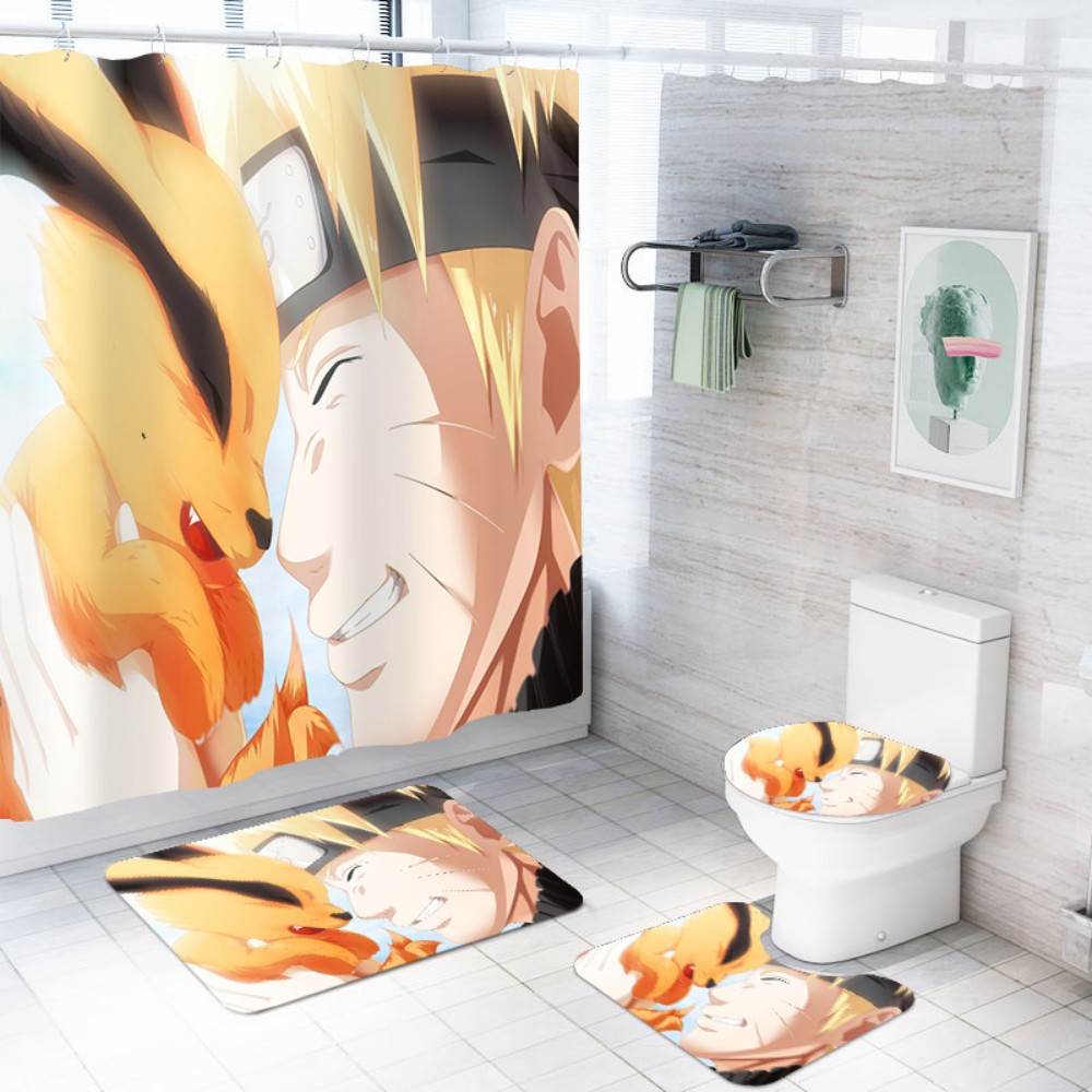 Shower Curtain 4 PCS/Set Anime Naruto Cute Tail Beast Polyester Curtain with Hooks Bathroom Mat Set Foot Mat Toilet Seat Cover