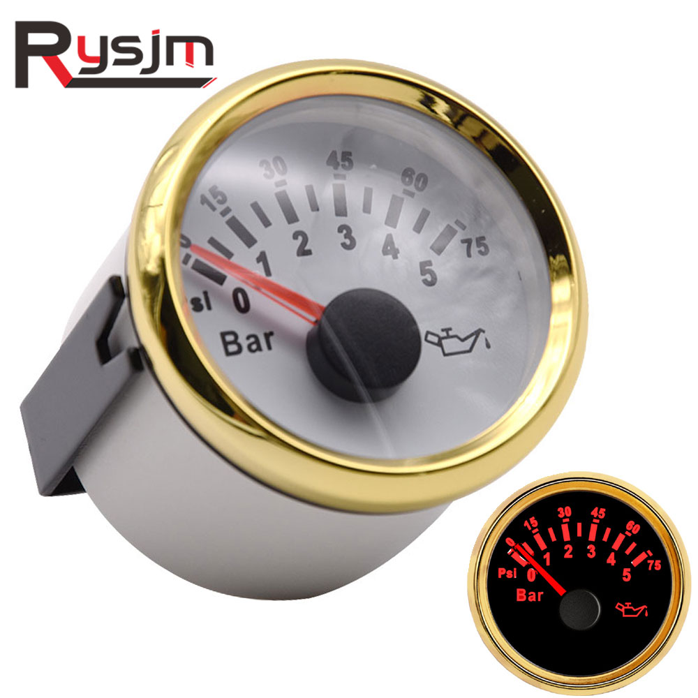 52mm Oil Pressure Gauges 0-5Bar Waterproof Pointer Oil Press Meters for Auto Truck Boat Marine Outboard Vessel Yacht Red light