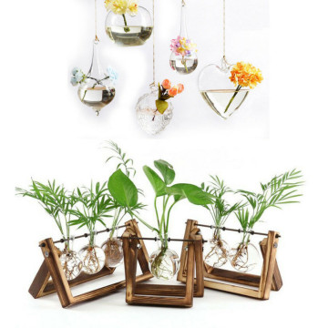Small Vase Tabletop Plant Bonsai Flower Glass Vases With Wooden Tray Home Decoration Glass Terarium jarrones decorativos moderno