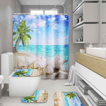 Sea Tree Summer Beach Printed Pattern Bathroom Shower Curtain Pedestal Rug Lid Toilet Cover Mat Non-Slip Bath Mat Carpet Set