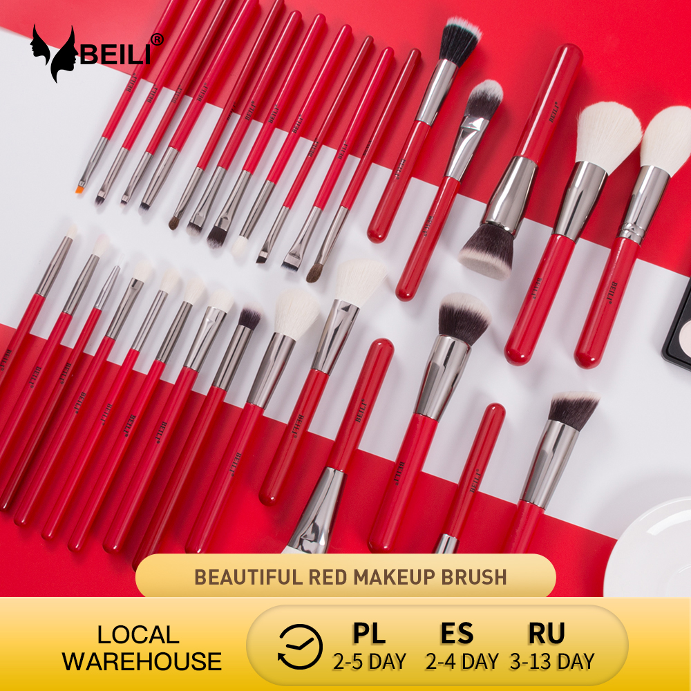 BEILI Red Natural Makeup Brushes Set 11-32pcs Foundation Blending Powder Blush Eyebrow Professional Eyeshadow Make up Brushes