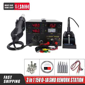 Saike 909D Heat Gun Desoldering Station Power Multi-Function 3 in 1 Constant Temperature Soldering Iron Soldering Station 15V 1A