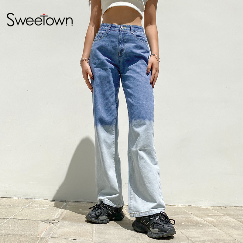 Sweetown Tie Dye Stripe Trending Jeans Pants Women England Preppy Style Y2K Streetwear High Waist Girls Denim Straight Trousers